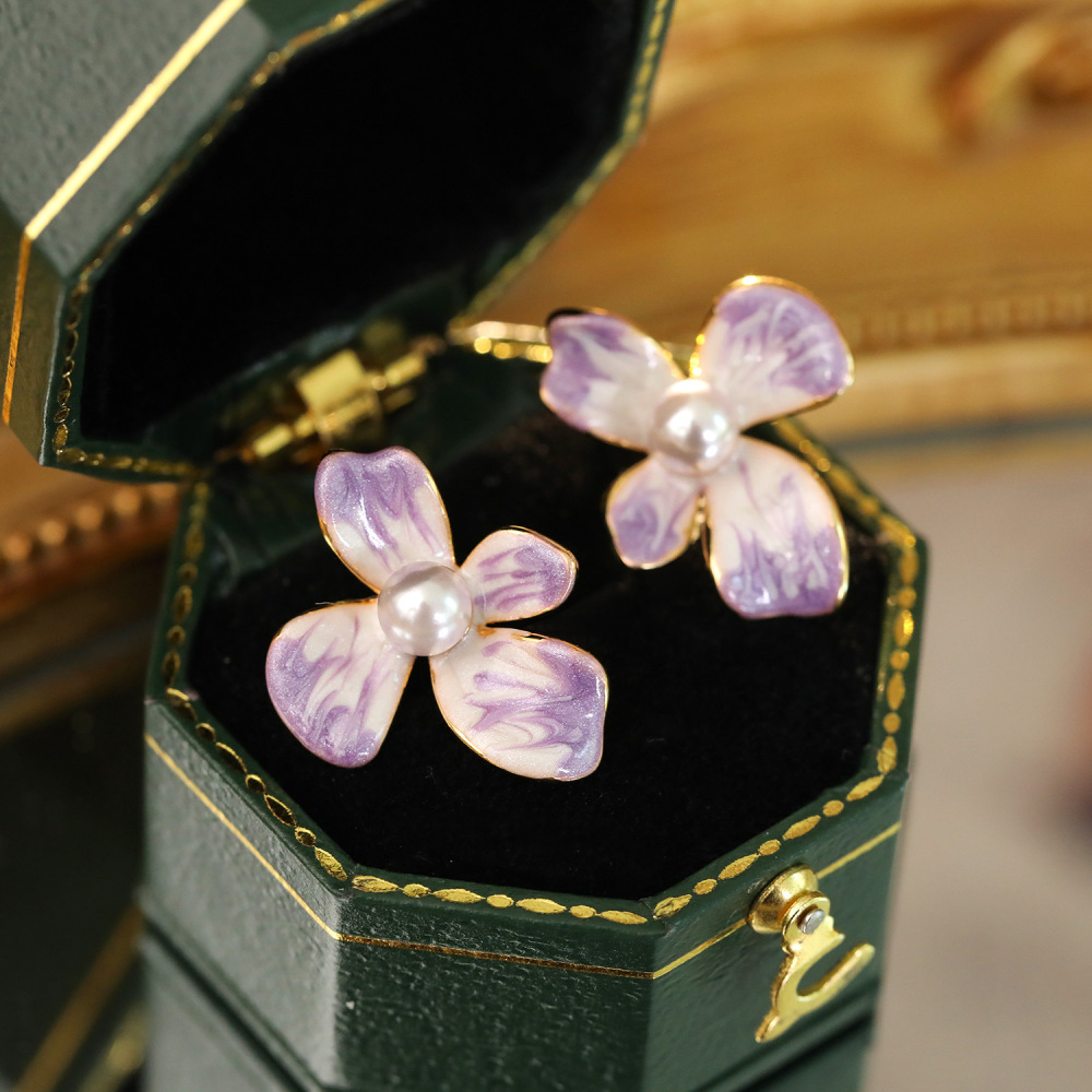 Retro Bohemian Pearl Earrings Painted Frame Enamel Color Floral Design Fashionable Luxury Artistic Women's Jewelry Accessories