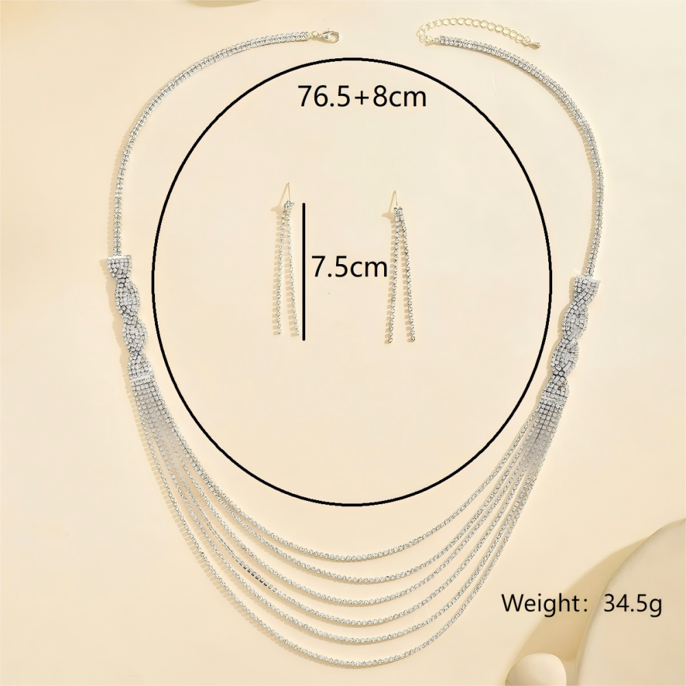 2-Piece Copper Inlaid Rhinestone Vintage Light Luxury Sparkling Tassel Necklace Chain Earrings Women's Banquet Party Jewelry Accessories