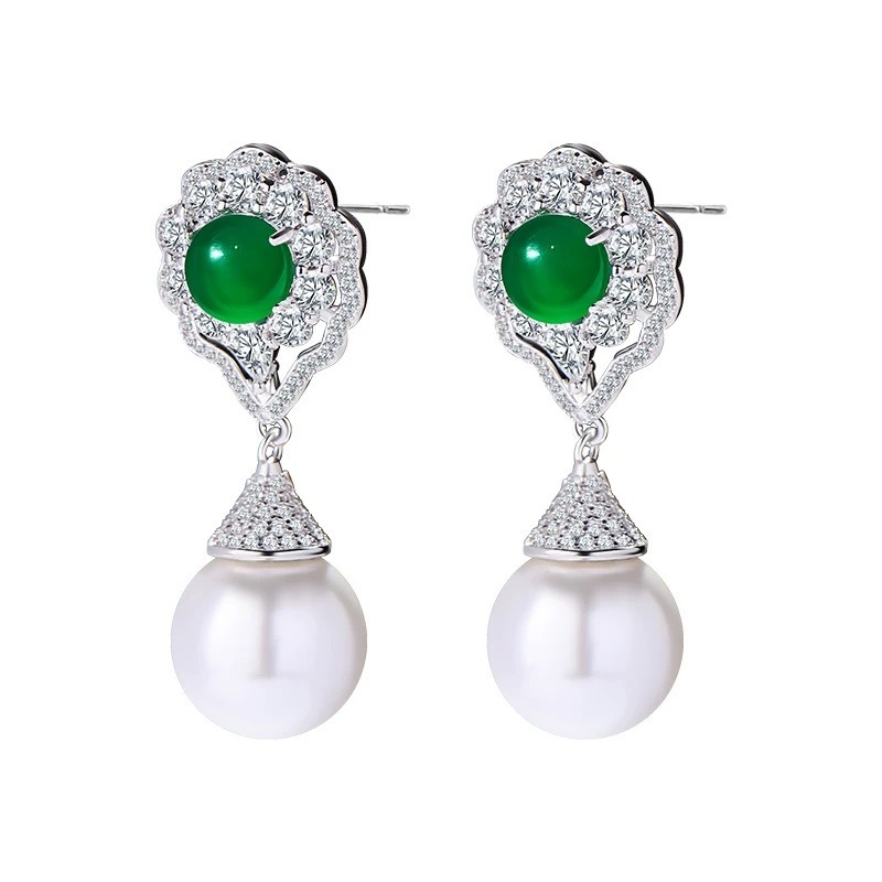 Natural Green Agate Pearl Drop Earrings Women's Luxury Unique Design High-End Sensation Court Style Jewelry Accessories