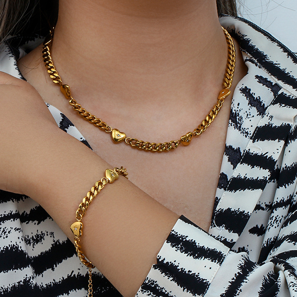 Wholesale Jewelry Fashion Heart Shape 304 Stainless Steel Zircon 18K Gold Plated PVD Coated Plating Necklace