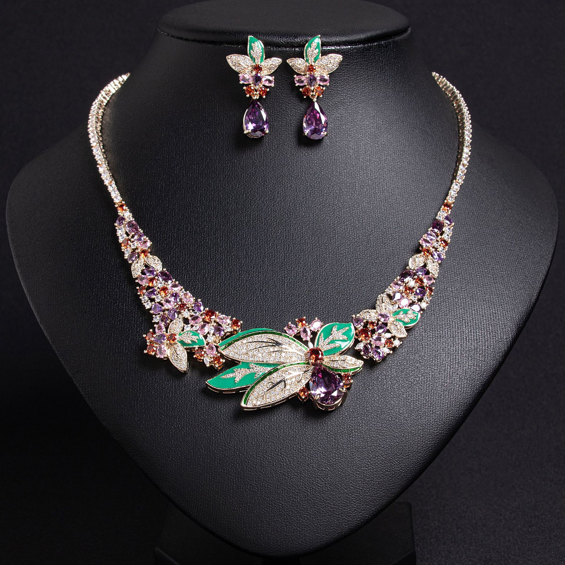 Elegant Floral Necklace Set With 3D Earrings Simple Style Women's Jewelry Zircon Inlay Copper Material Plant Pattern