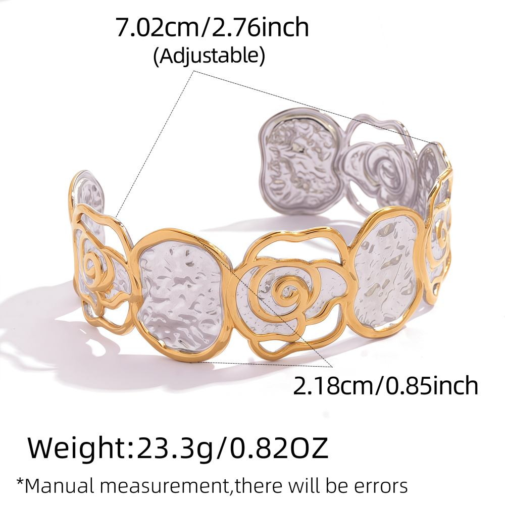 18K Gold Plated 304 Stainless Steel Vacuum Electroplating (In Furnace) Vintage Floral Rose Women's Bracelet Thick Jewelry Accessories Waterproof Non-Fading Asymmetric Three-Dimensional