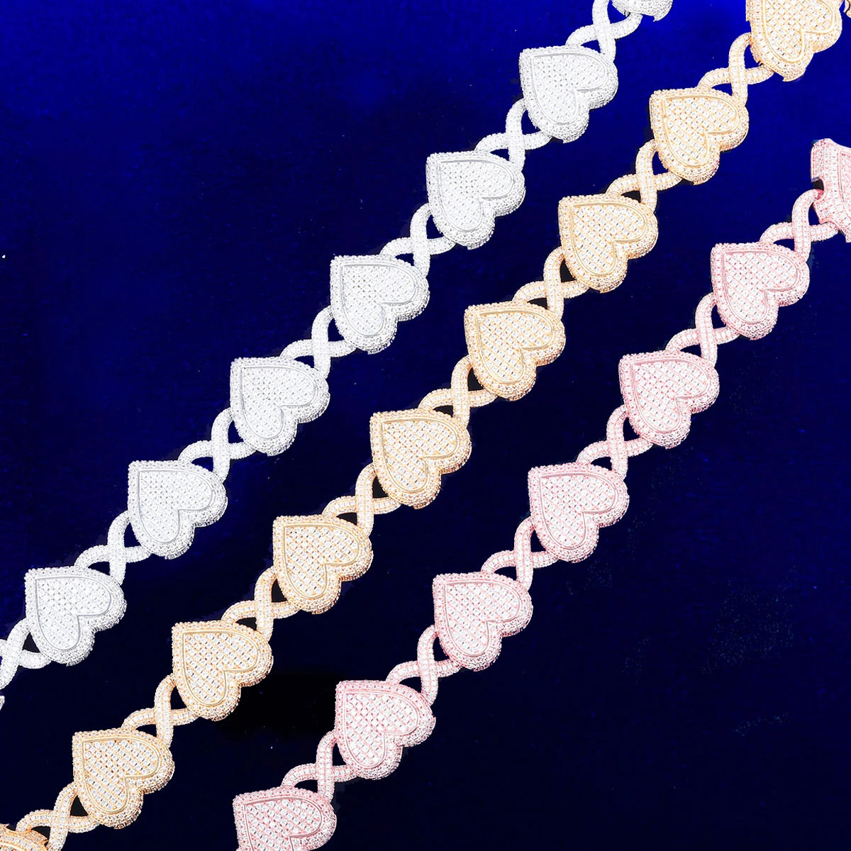 Trendy Copper Embedded Zircon Heart Shaped 8 Link Bracelet Unisex Hip Hop Punk Style Jewelry Fashion Accessory