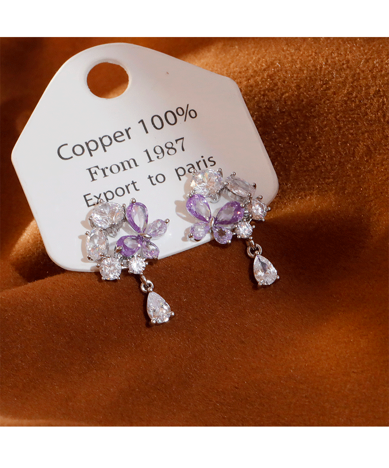 French Romantic Purple Flower Women's Earrings Ultra Sparkling Luxury Zircon Studs Versatile Fashion Jewelry Accessories