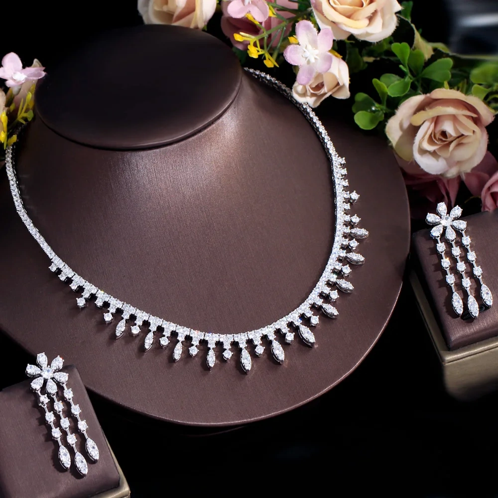 Water Drop Flower Shape White Plated Gold Copper Zircon (Jewelry) Waterproof Non-Fading Safety Buckle Tennis Chain (Full Diamond Chain) Necklace Earring Set Women Two-Piece Set