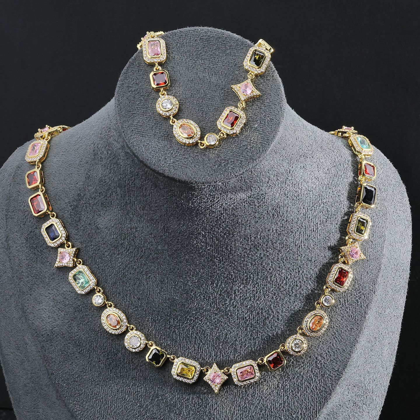 Colorful Gemstone Geometric Adjustable Women's Luxury Necklace Jewelry Hip Hop Dopamine Fashion Ins Diamond Embedded Light