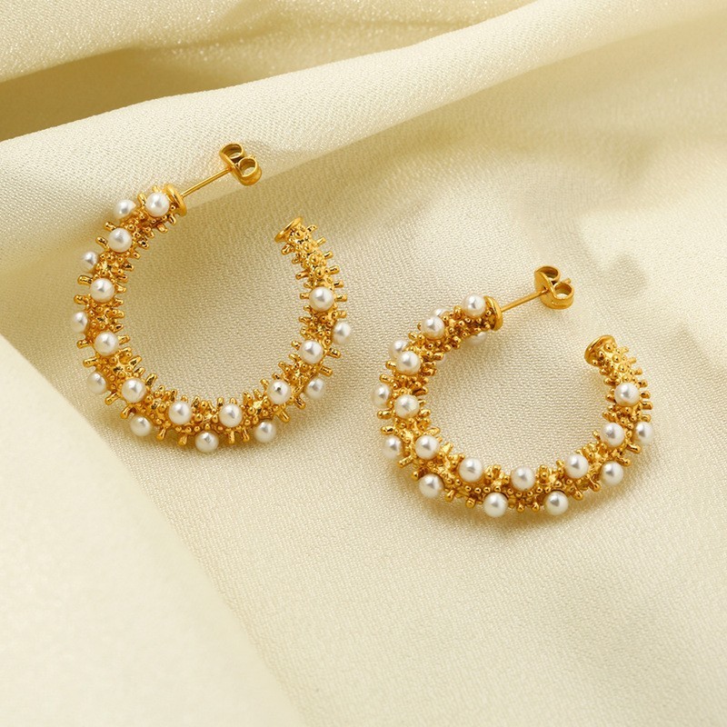 Exaggerated C-Shape Earrings Ins Luxury Bead Embedded Gold Plated Stainless Steel Waterproof Women's Jewelry Fashion Accessories