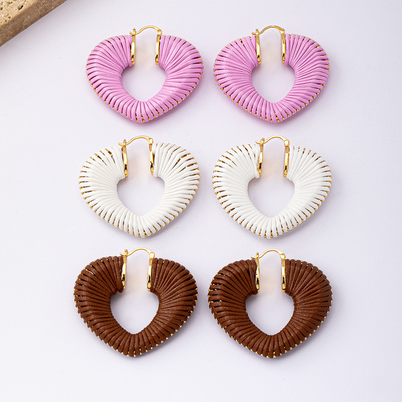Fashionable Multi-Color Heart-Shaped Braided Leather Rope Earrings For Women Elegant Versatile Copper Jewelry Accessories