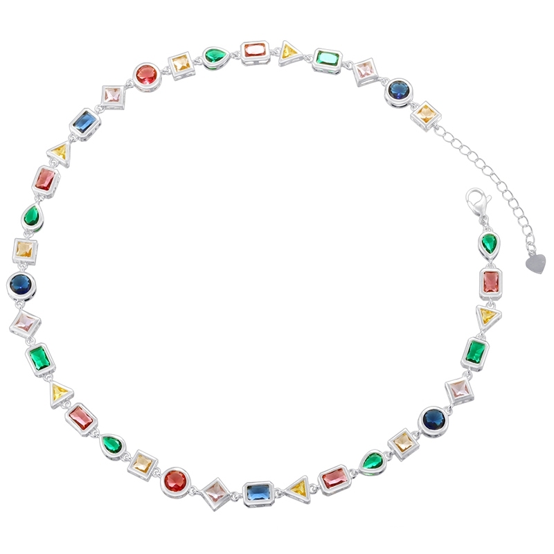 Luxury Personalized Geometric Color Diamond Inlaid Copper Bracelet Necklace Set Elegant Triangular Circular Square Waterdrop Shaped Jewelry Accessories For Women