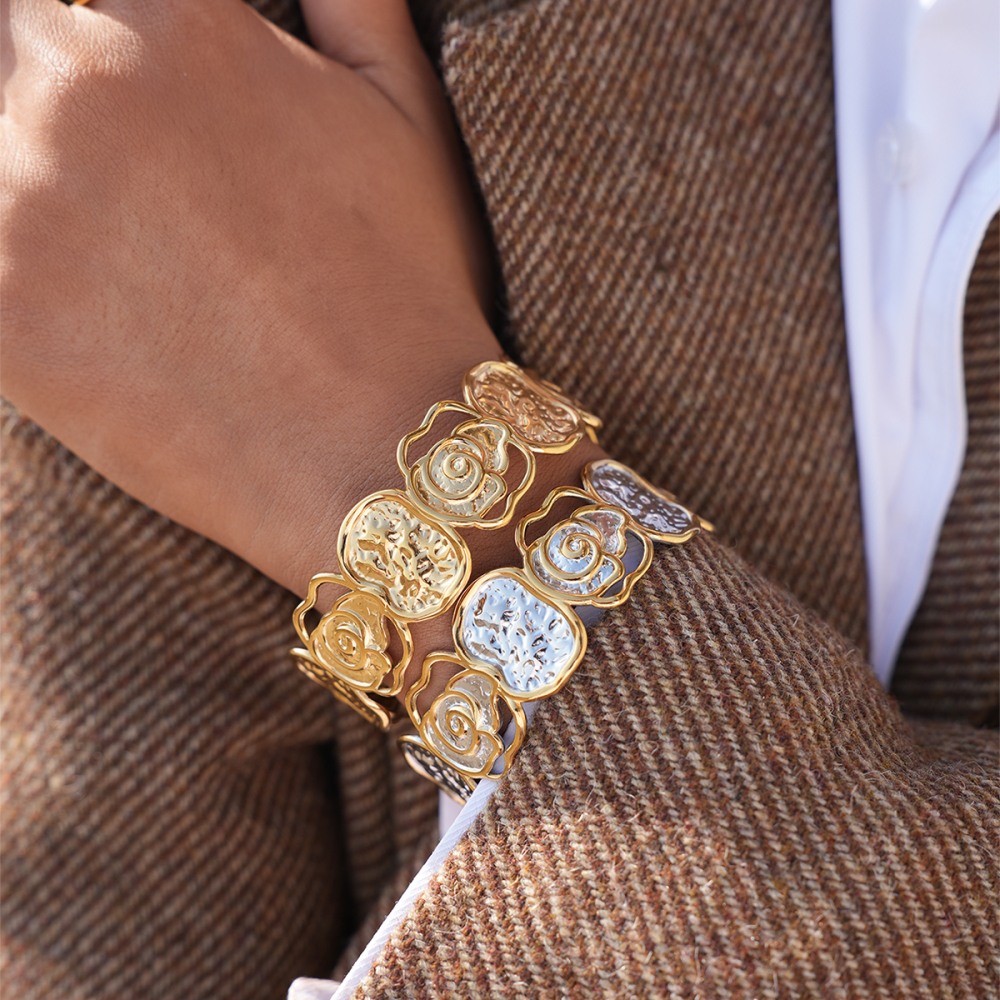 18K Gold Plated 304 Stainless Steel Vacuum Electroplating (In Furnace) Vintage Floral Rose Women's Bracelet Thick Jewelry Accessories Waterproof Non-Fading Asymmetric Three-Dimensional