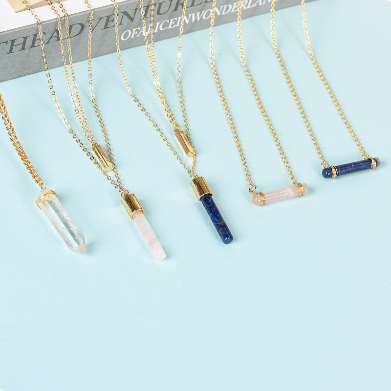 Natural Crystal Cylinder Pendant Necklace Wire Wrapped European And American Pink White Special Irregular Geometric Pattern Gemstone Accessories Alloy Wholesale
