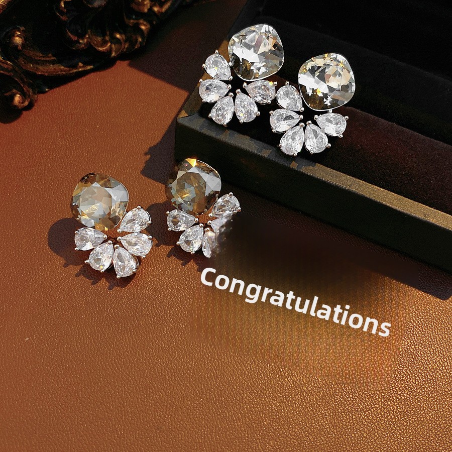 Silver Zircon Flower Water Drop Earrings Simple Iron Post Women's Jewelry Accessories