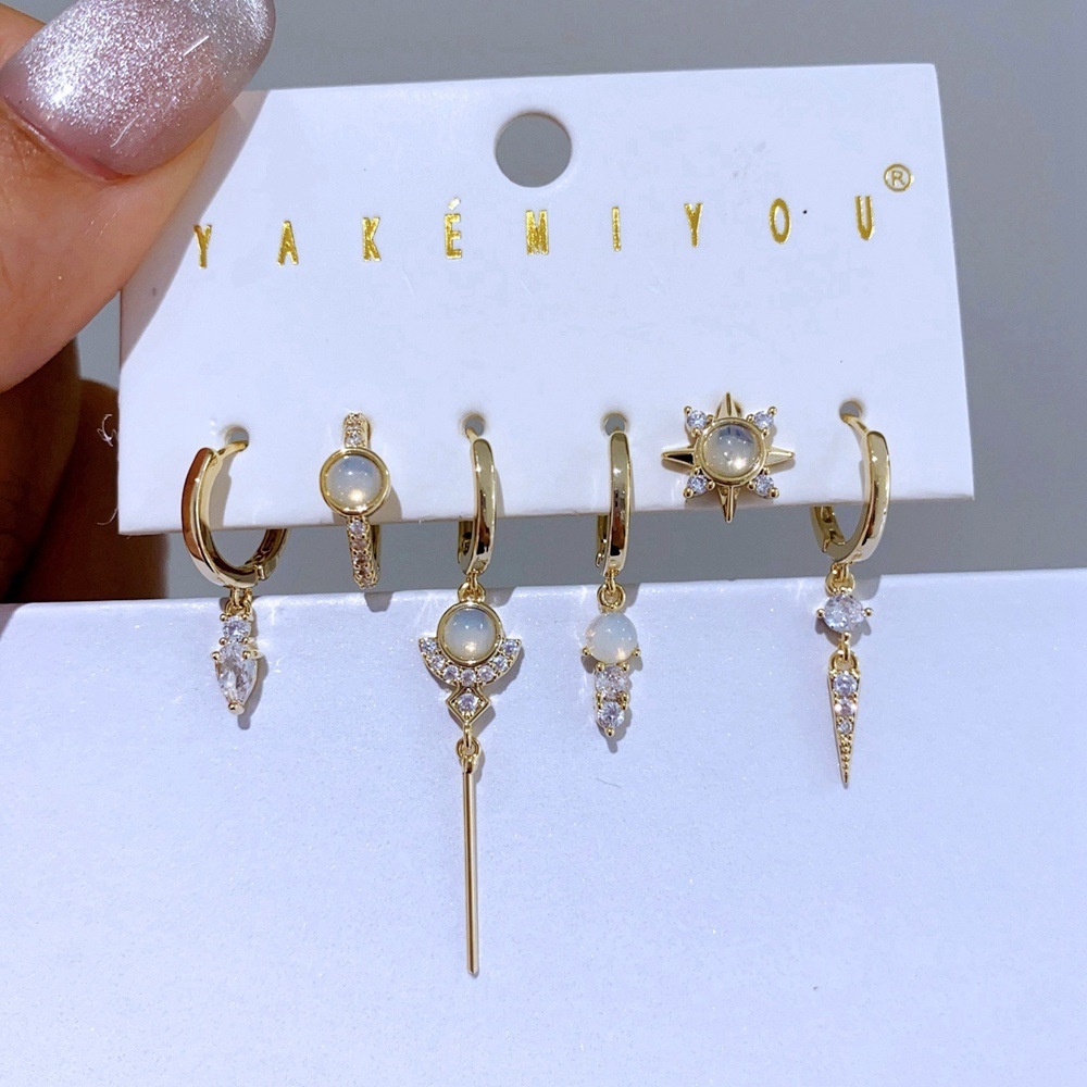 Moonstone Geometric Zircon Earrings Set Fashion 6-piece Set Ladies Copper Material Pendant Earrings Jewelry Accessories