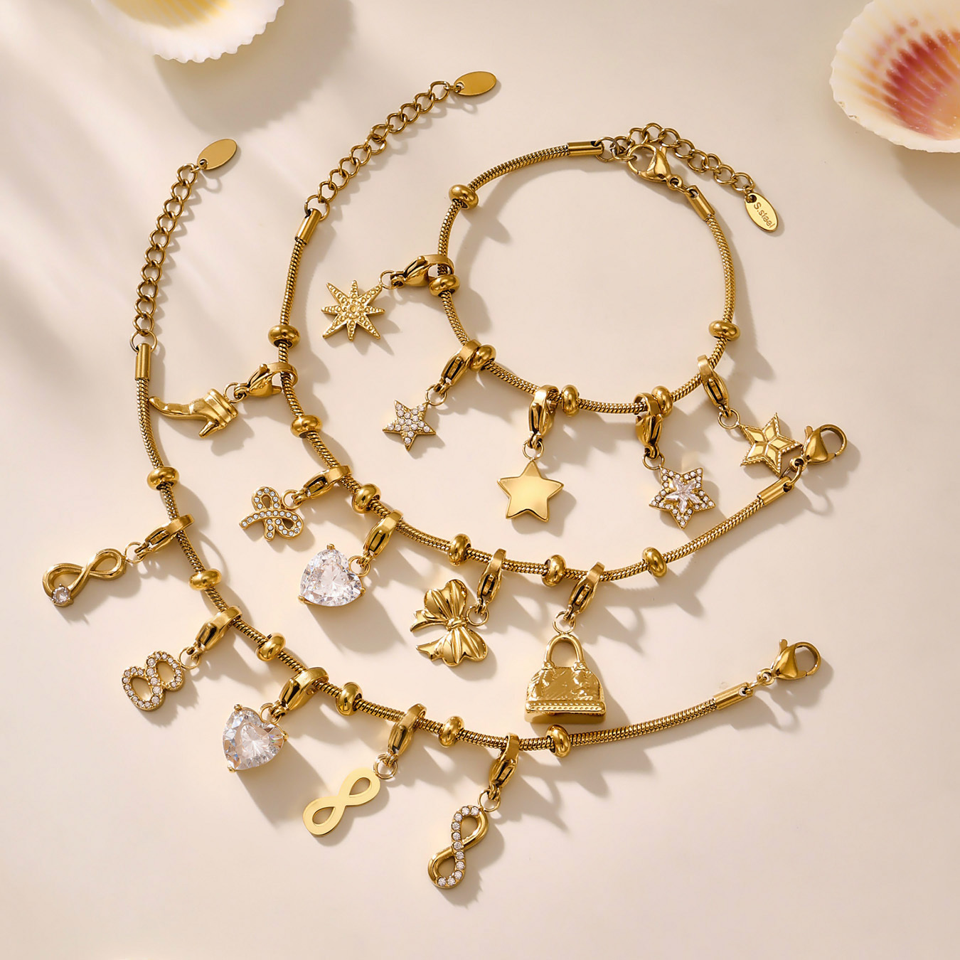 Full Drill 5A Zircon Heart Shaped Butterfly Knot High Heel Shoe Charms Stainless Steel 18K Gold Plated DIY Bracelet Accessories