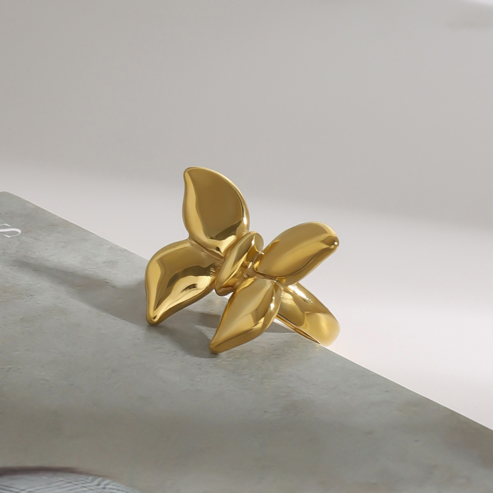 18K Gold Plated Stainless Steel Smooth Butterfly Ring Size 7 Vacuum Electroplating Butterfly Pattern Real Gold Coating