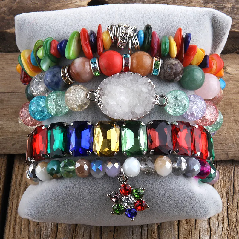 Bohemian Style Elastic Natural Semi-Precious Stone Turquoise Glass Stackable Bracelet Women's Fashion Jewelry Accessories