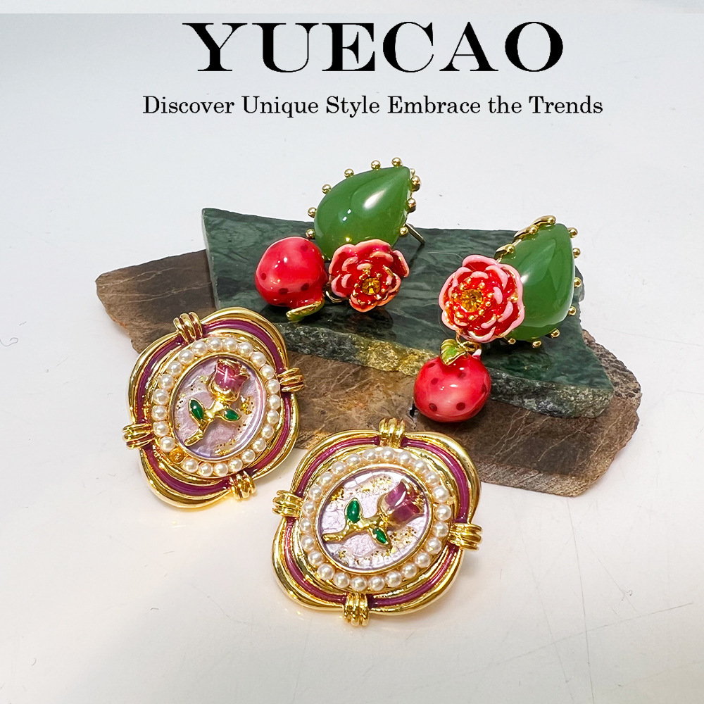 Elegant French Enamel Agate Flower Stud Earrings Premium Design Sensation Women's Fashion Jewelry Accessories