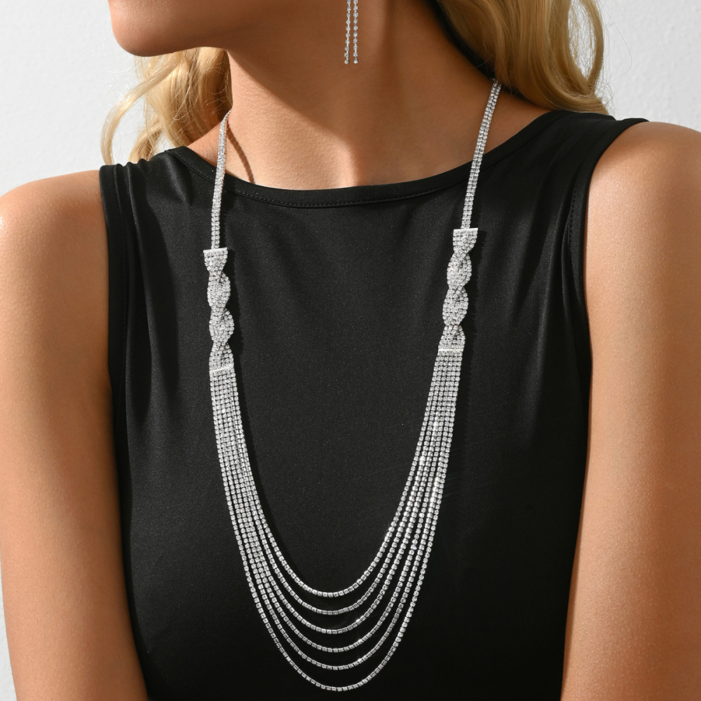 2-Piece Copper Inlaid Rhinestone Vintage Light Luxury Sparkling Tassel Necklace Chain Earrings Women's Banquet Party Jewelry Accessories