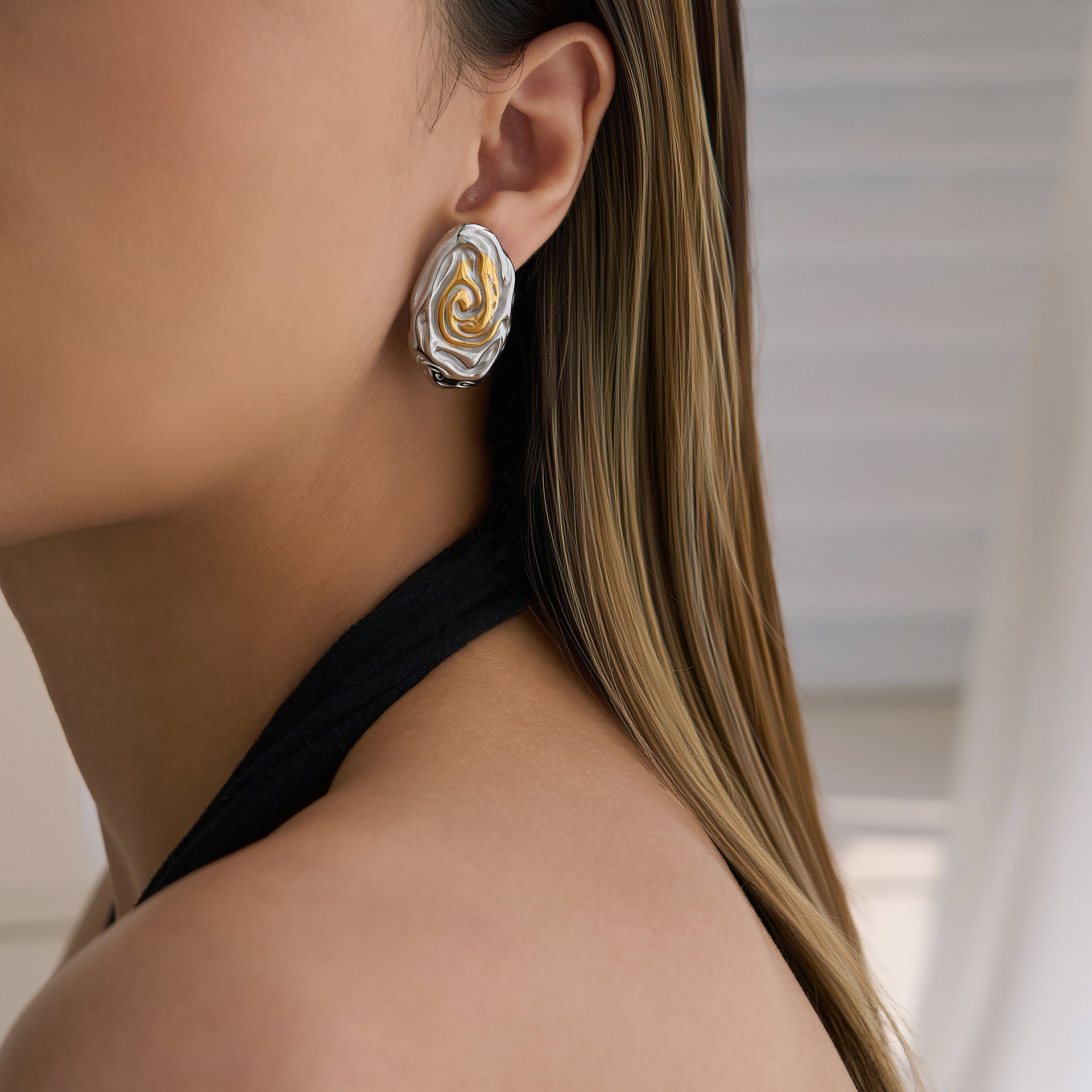 Fashionable Geometric Bohemian Earring Set Titanium Steel Gold Plated Silver Contrast Color Ladies Elegant Style Jewelry Accessories