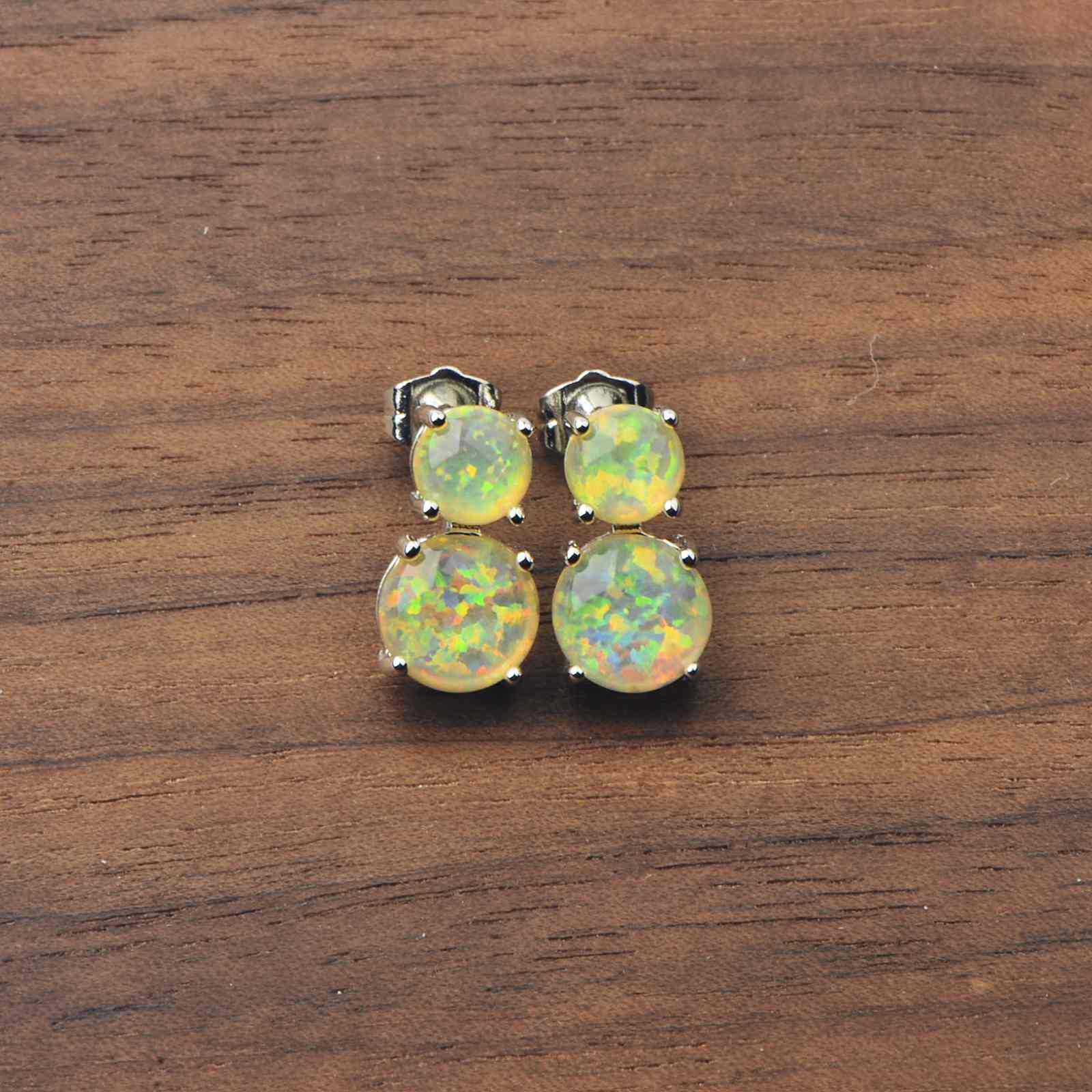 Cute Girl's Blue Opal Round Earrings Bohemian Style Flower Print Copper Jewelry Simple Craftsmanship Elegant Fashion Accessories