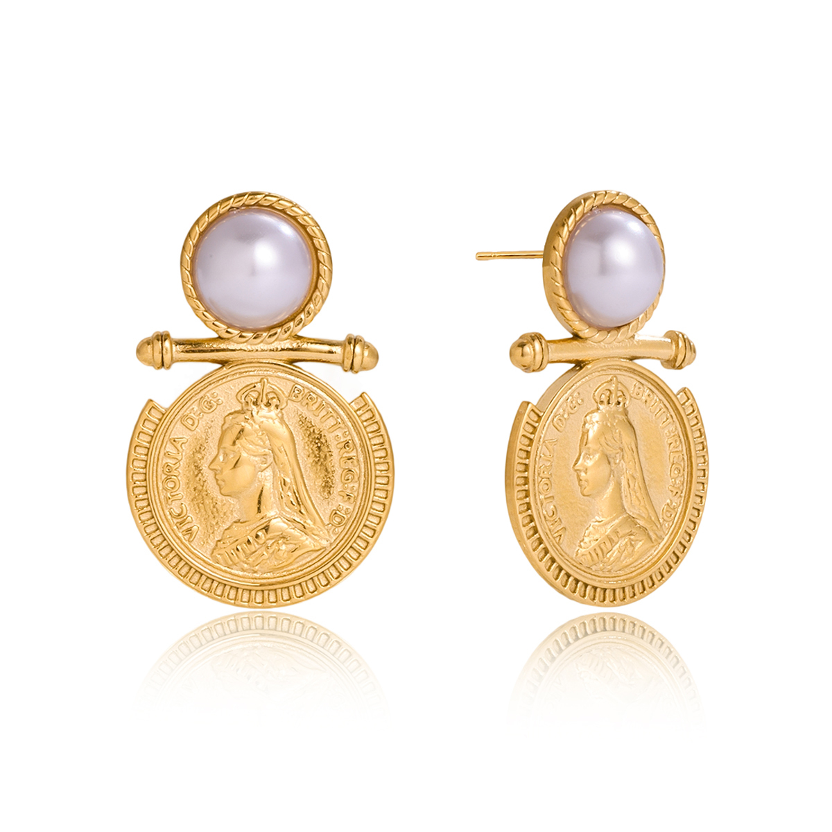 Women's Classic 18K Gold 304 Stainless Steel Resin Pearl Coin Portrait Earrings Fashion Jewelry Accessories Pair