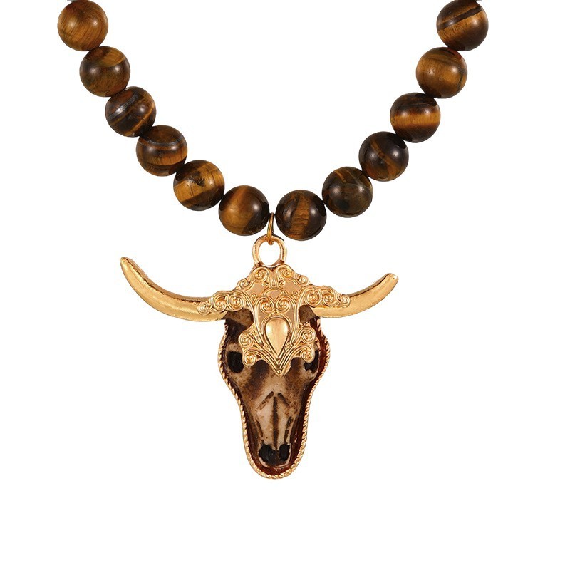 Dark Cow Head Natural Stone Beaded Necklace Unisex Daily Sweater Accessories Trendy Winter