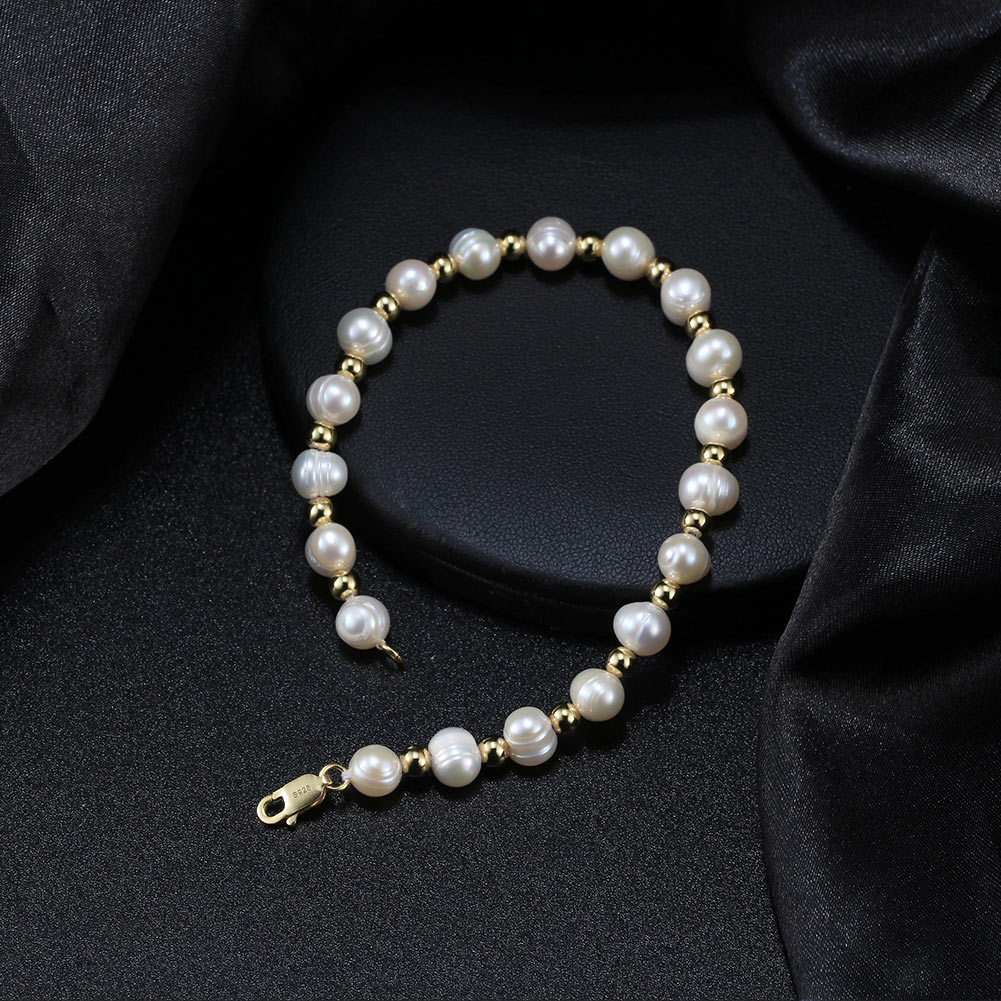 Men's Simple Style Solid Color Freshwater Pearl Sterling Silver Beaded Stone-Free Plated 14K Gold Plated Bracelets
