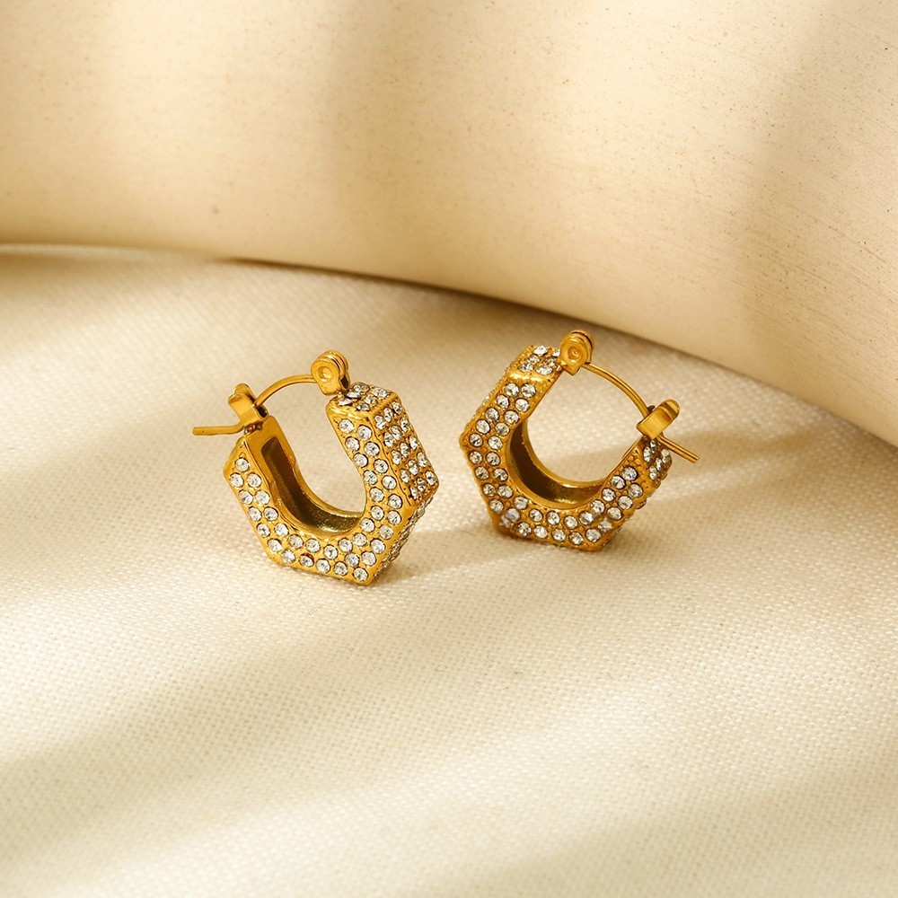 Geometric Stainless Steel Earrings Gold Plated Waterproof Design Women's Jewelry Accessories With Inlaid Diamonds