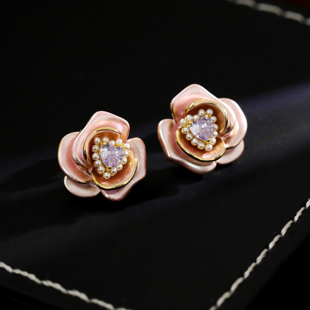 3D Enamel Metal Tea Rose Earrings Multi-layer Petal Pearl Flower Core Bohemian Print Heart Shaped Copper Jewelry Accessories
