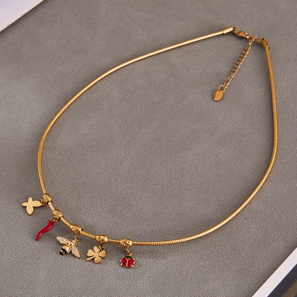 Stainless Steel DIY Bell Bee Zircon Small Pepper Heart Multi-Accessories Necklace 18K Gold Plated Fashion Versatile Luxury Jewelry Set