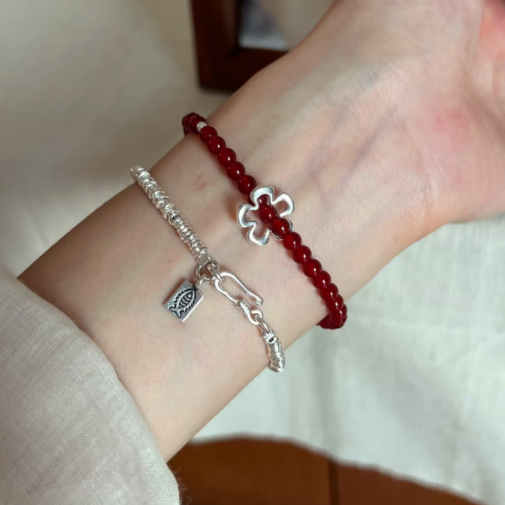 925 Sterling Silver Silver Handmade Red Agate Flower Bracelet Bohemian Elastic Cord New Year Natural Accessories