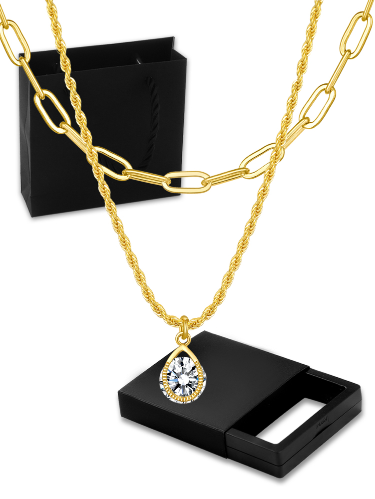 18K Gold Plated Personalized Grid Paperclip Box Multi-layer Necklace With Copper Inlaid Shiny Cubic Zirconia Pendant Set Necklace/Fashion Jewelry Gift Box Accessories/Suitable For Girlfriend Gifts And Daily Wear