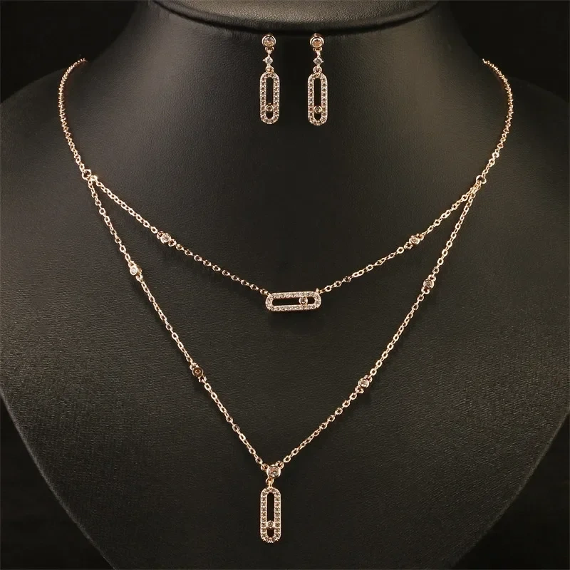 Classic Double Layer Geometric Necklace Earrings Ring Bracelet Set Luxury Fashion Jewelry Accessories For Women