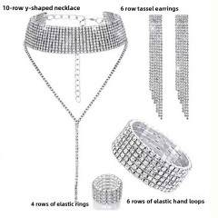 Silver -10 Row Y-shaped Necklace 6 Row 6 Row Bracelet Four-piece Set - Four