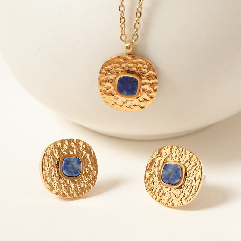 Natural Stone Jewelry Set Hammered Square Earrings For Women Summer High-end Non-fading Accessories Stainless Steel Material