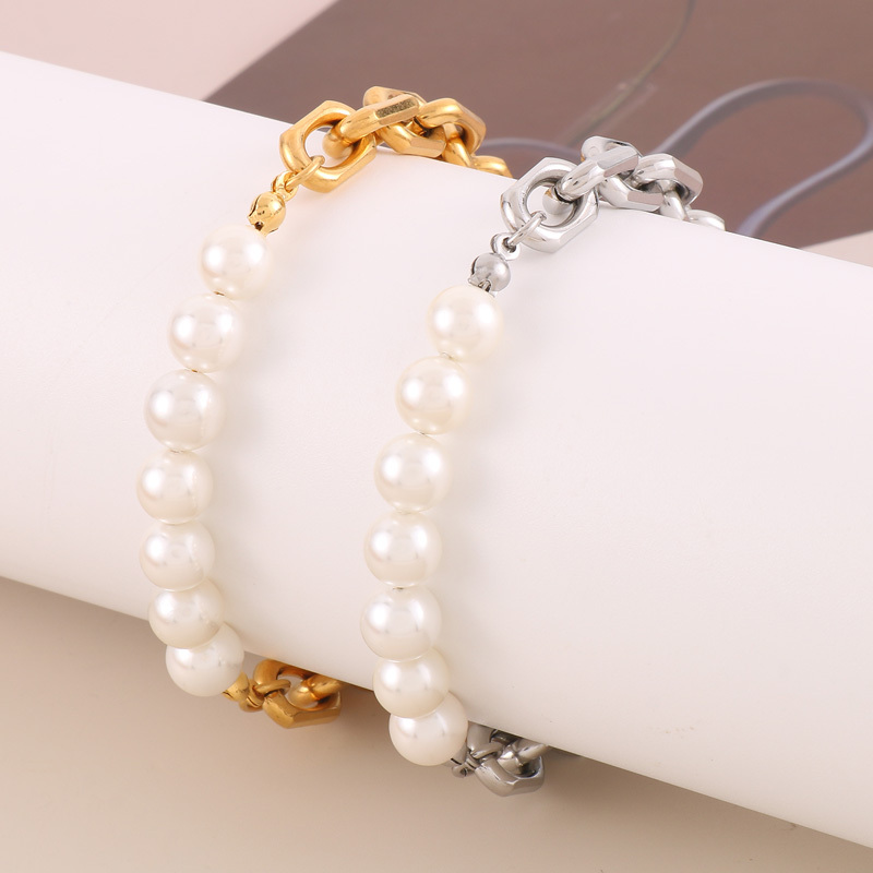 PVD Coated 18K Gold Plated Geometric Stainless Steel Freshwater Pearl Simple Style Classic Style Waterproof Non Tarnish Bracelets