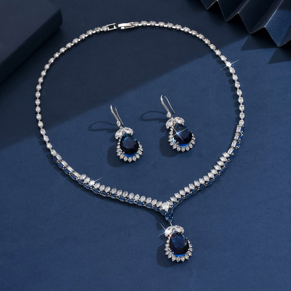 Elegant Blue Drop Pendant Earrings And Necklace Wedding Jewelry Set For Women Fashionable Bridal Accessories With Zirconia