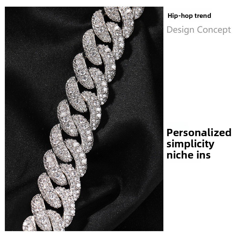 Men's Hip-Hop Bracelet High-End Texture Copper Inlaid Zirconia Gold-Plated Geometric Pattern Silver 18mm Cuban Chain Jewelry Box Clasp Personality