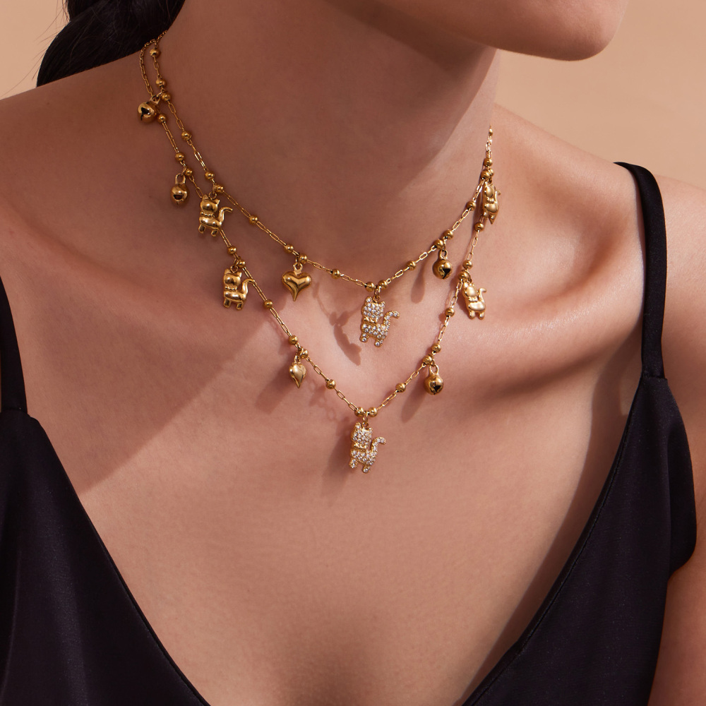 Stainless Steel Cat Zircon Necklace Bracelet DIY Multi Pendant Heart Bell Luxury Versatile Jewelry Accessories Elegant Romantic