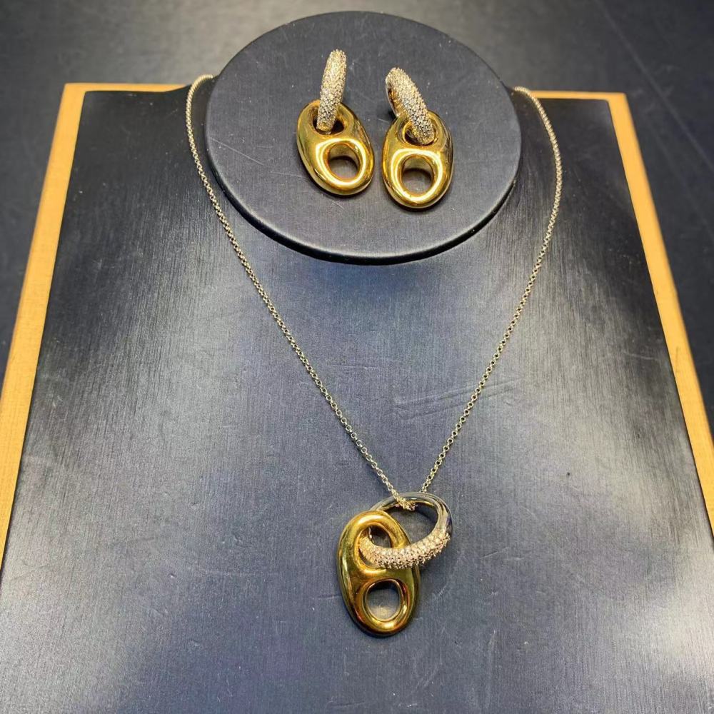 Gold Plated Pig Nose Earrings Women's Set Exaggerated Ear Jewelry Oval Necklace Delicate Clavicle Chain Simple Style Accessories