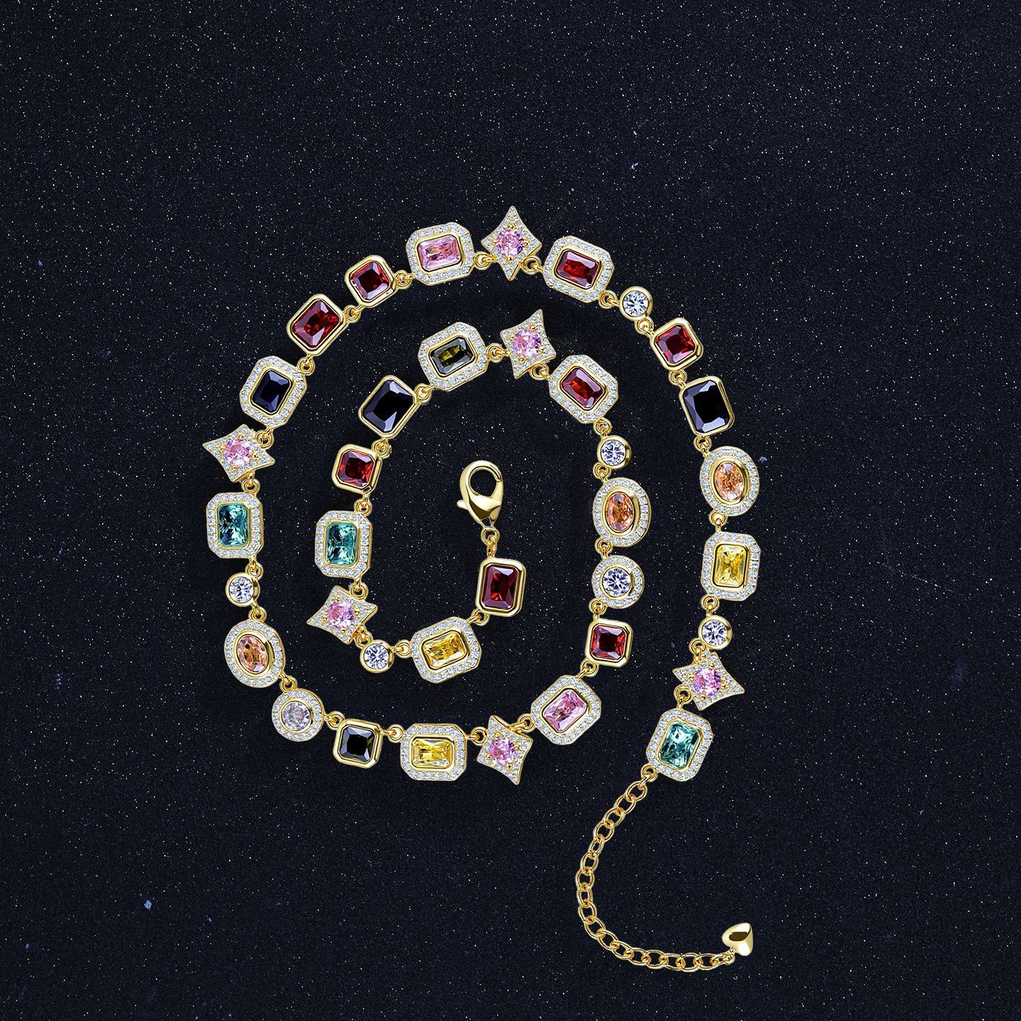 Colorful Gemstone Geometric Adjustable Women's Luxury Necklace Jewelry Hip Hop Dopamine Fashion Ins Diamond Embedded Light