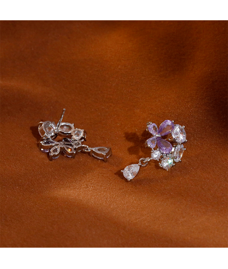 French Romantic Purple Flower Women's Earrings Ultra Sparkling Luxury Zircon Studs Versatile Fashion Jewelry Accessories
