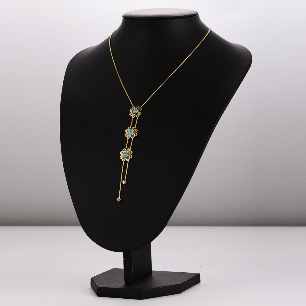 AML Retro Niche Diamond-Studded Ethnic Style Stainless Steel Flower Turquoise Necklace And Earring Set For Women, Light Luxury Elegant Versatile Accessories