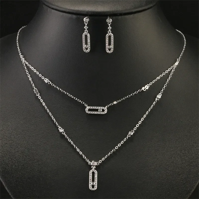 Classic Double Layer Geometric Necklace Earrings Ring Bracelet Set Luxury Fashion Jewelry Accessories For Women