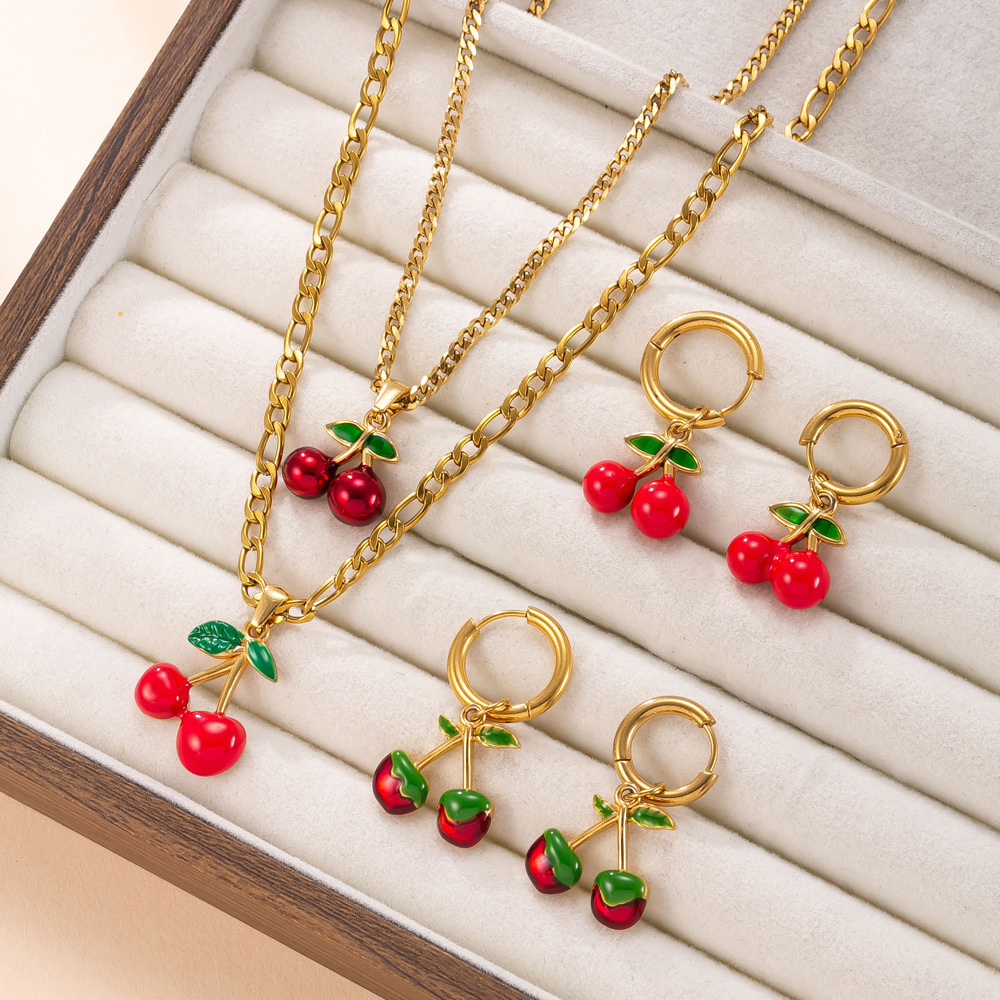 Stainless Steel Necklace And Earrings Set Red Oil Cherry Design 18K Gold Plated Titanium Metal Jewelry Accessories