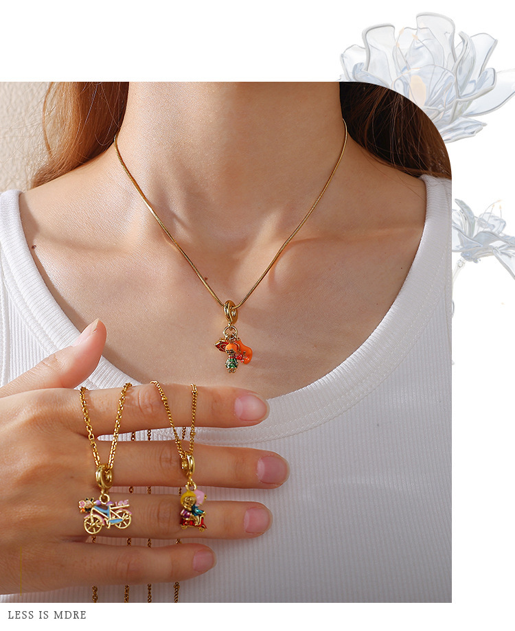 Retro Style Fox Pendant Necklace For Girls Heavy Design Stainless Steel Fashionable OIL Drop DIY Jewelry Accessories
