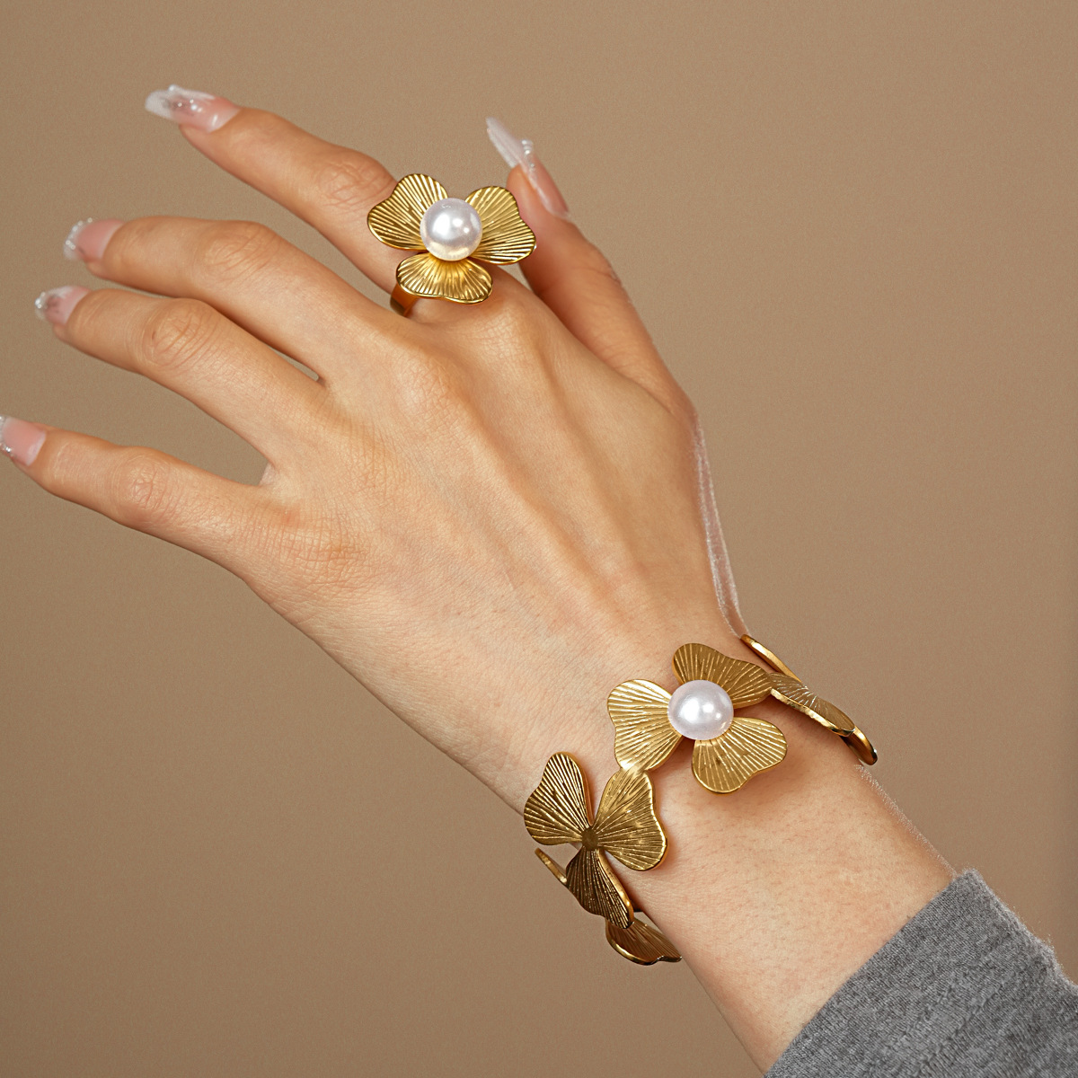 304 Stainless Steel Pearl Shell Starfish Open Ring Bracelet Beach Vacation Style Handmade Jewelry Accessories Flower Jewelry Set