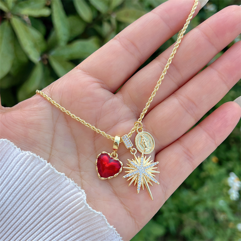 Wholesale Jewelry Retro Classic Style Cross Heart Shape Rose Copper Zircon 18K Gold Plated Multi Charms Necklace Twisted Rope Chain
