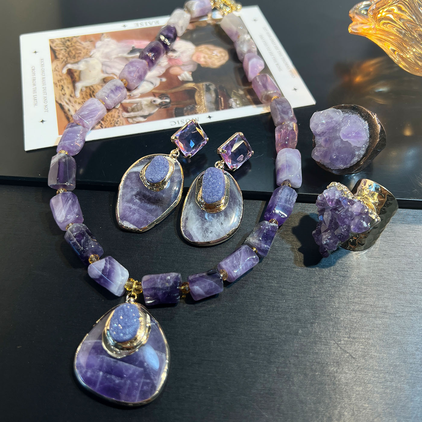 Natural Amethyst Raw Stone Necklace Earrings Set Vintage Fashion Teeth Ring Women Pearl Inlaid Jewelry Accessories