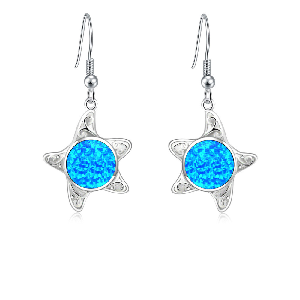 Hawaii Style Blue Opal Starfish Earrings Beach Theme Copper Material Unisex Ins Style Animal Pattern Jewelry Accessories